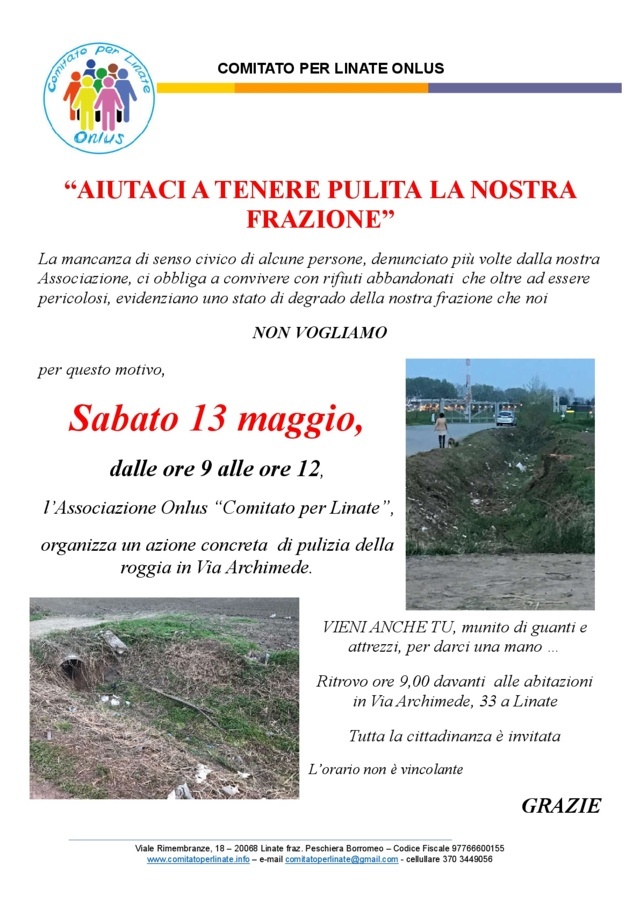 “AIUTACI A TENERE PULITA LA NOSTRA FRAZIONE ” – Sabato 13 maggio dalle ore 9 alle ore 12
