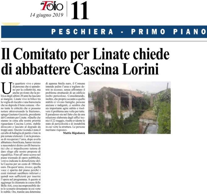 Il Comitato per Linate chiede di abbattere Cascina Lorini- Articolo pubblicato sul giornale InFolio 14-6-2019