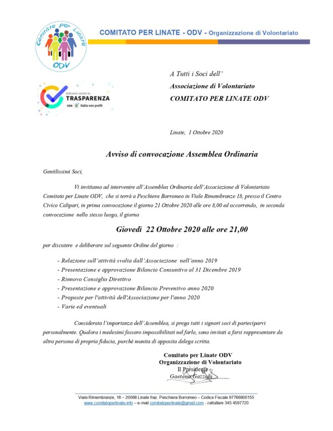 Avviso di convocazione Assemblea Ordinaria 22 ottobre 2020 alle ore 21,00