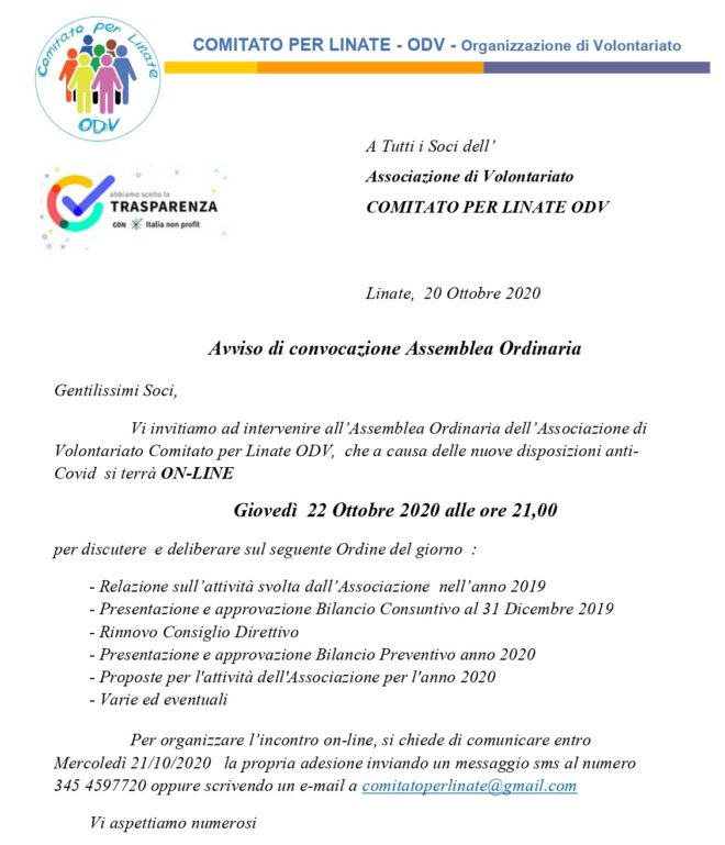 Assemblea  ordinaria del 22 ottobre 2020 – si terrà ON-LINE