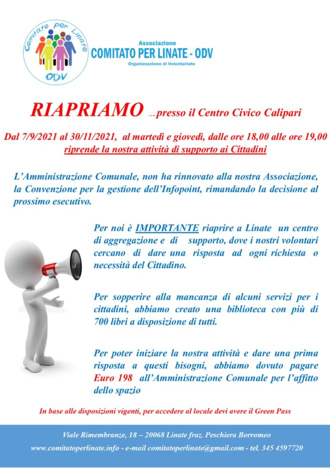 RIAPRIAMO …. presso il Centro Civico Calipari – Dal 7/9/2021 al 30/11/2021, al martedì e giovedì, dalle ore 18,00 alle ore 19,00 riprende la nostra attività di supporto ai Cittadini