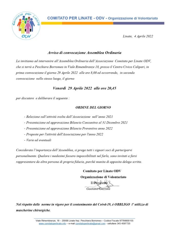 Convocazione Assemblea Ordinaria 29 Aprile 2022