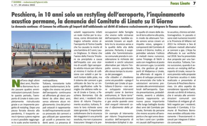 Peschiera, in 10 anni solo un restyling dell’aereoporto, l’inquinamento acustico permane, lda denucia del Comitato di Linate sul Giorno – 7 gionri 4/10/2023